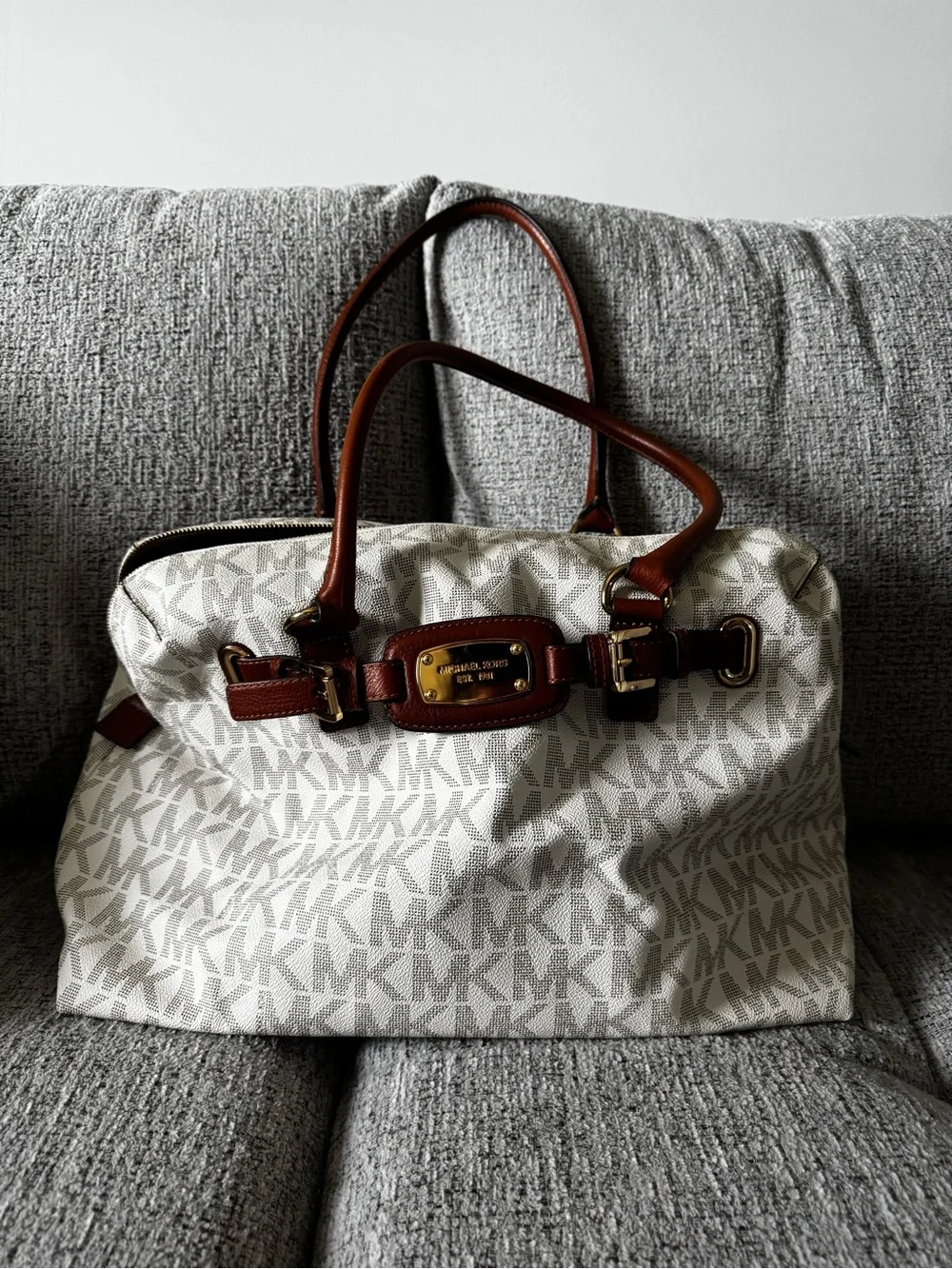 Michael Kors Cream Signature Tote with Brown Leather Trim and Gold Hardware